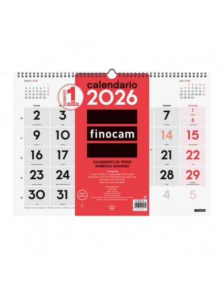 Calendario pared números grandes 30x30 2026 Finocam legible