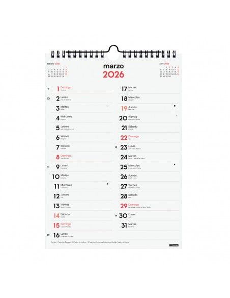 Calendario Finocam 2026 pared con espiral y colgador