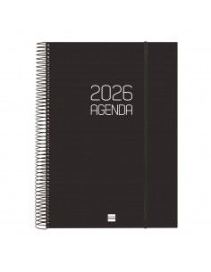 Agenda Espiral Opaque Color Negro 2026 Finocam abierta sobre escritorio