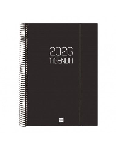 Agenda Espiral Opaque Color Negro 2026 Finocam abierta sobre escritorio