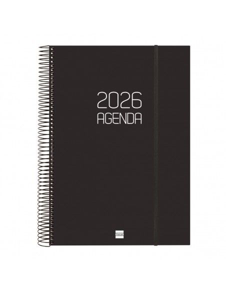 Agenda Espiral Opaque Color Negro 2026 Finocam abierta sobre escritorio