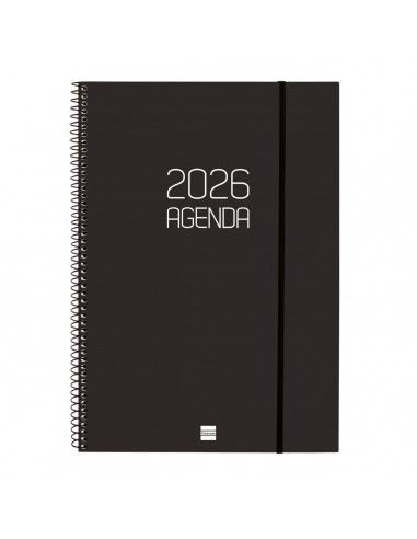 Agenda Espiral Opaque Color Negro 2026 Finocam abierta sobre escritorio