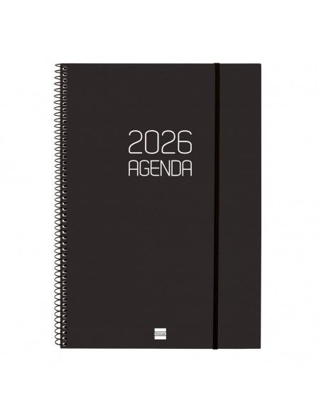 Agenda Espiral Opaque Color Negro 2026 Finocam abierta sobre escritorio