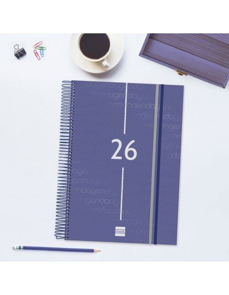 Detalle del espiral metálico y goma elástica de la Agenda Finocam Azul