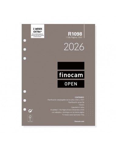 Recambio Anualidad 2026 Finocam R1098 Agenda Anillas Open 1000 día por página