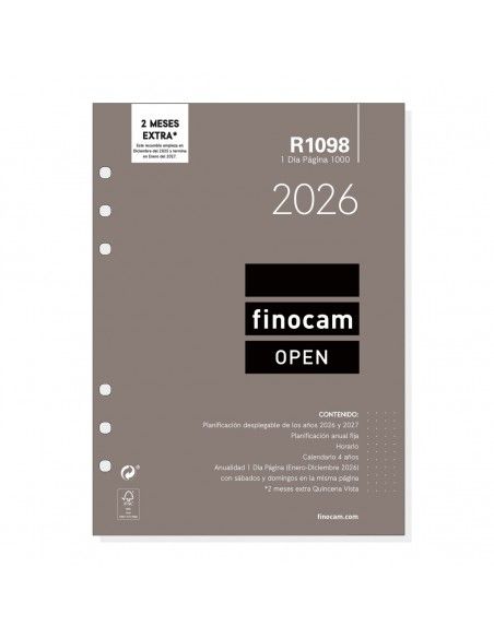 Recambio Anualidad 2026 Finocam R1098 Agenda Anillas Open 1000 día por página