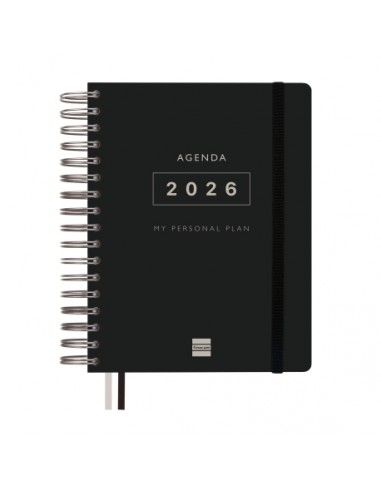 Agenda Tempus 1/4 1DP 2026 Negro Finocam vista frontal