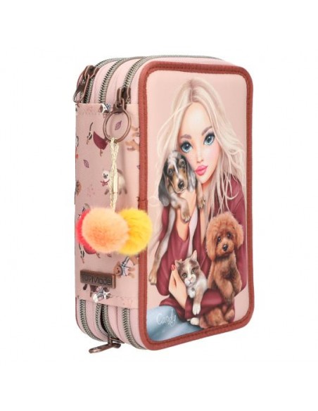 Estuche TOPModel con tres compartimentos y pompones