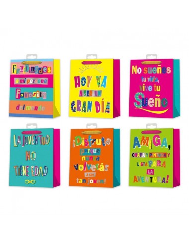 Bolsa Regalo Frases Flúor 26x32x10 cm con acabado foil