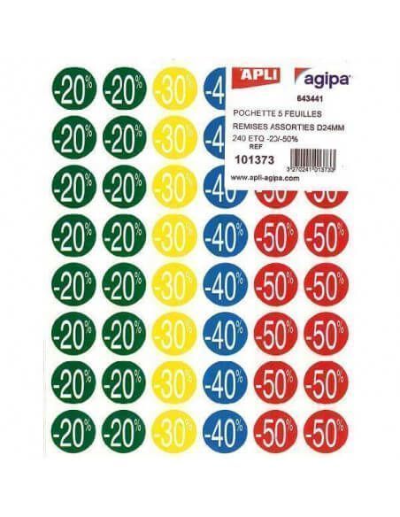 ETIQUETAS DE DESCUENTOS   5 HOJAS CON 240 UNIDADES. -20% / -50%